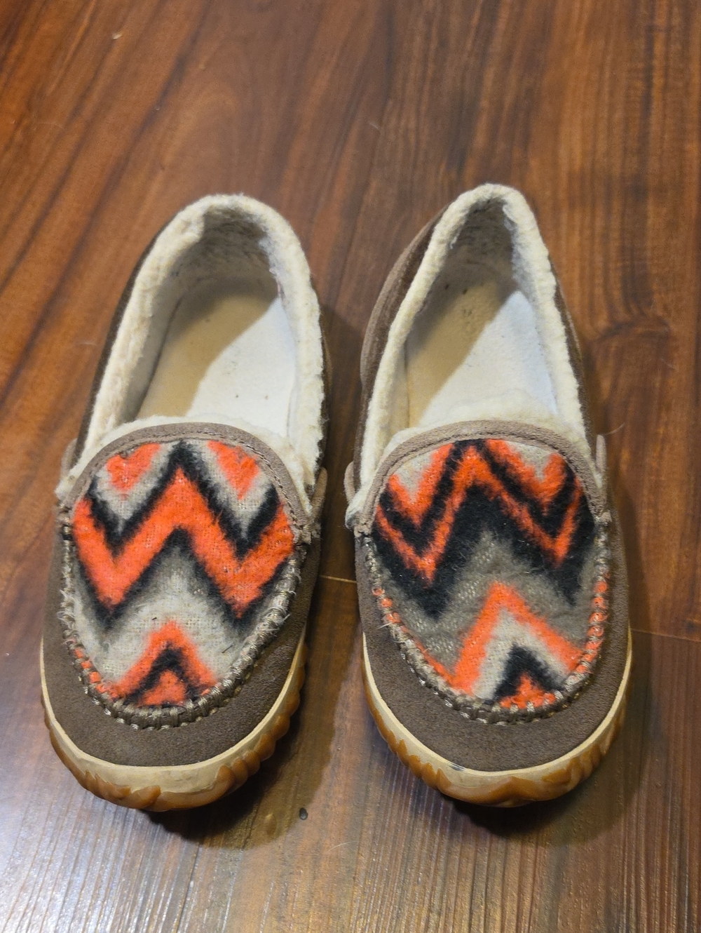 Sorel Women's Brown Slip-On Moccasins with Orange & Black Chevron